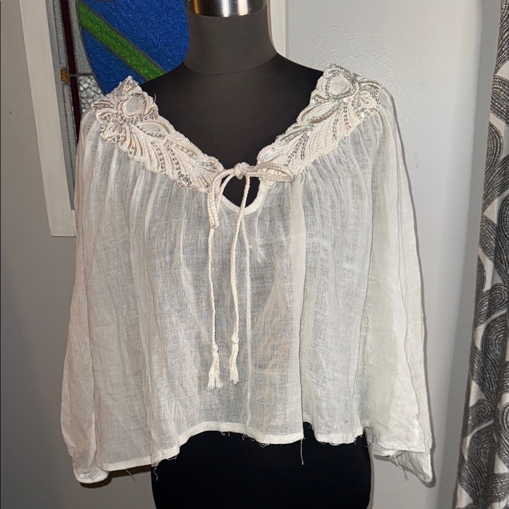 Calypso St. Barth Beaded Neckline Semi Sheer Gauzy Cotton Cropped Blouse